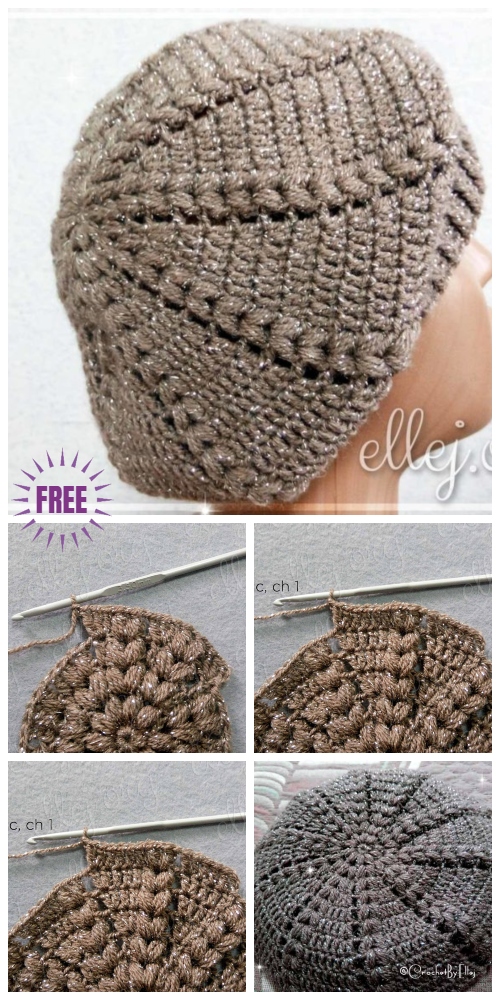 Crochet Easy Sunburst Puff Stitch Beret Hat Free Crochet Pattern