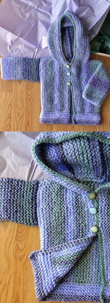 Easy garter stitch hoodie baby cardigan knitting pattern