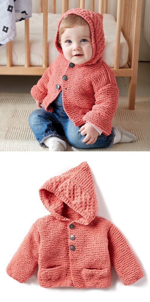 Free Baby Knitting Pattern for a Cardigan with a Hoodie