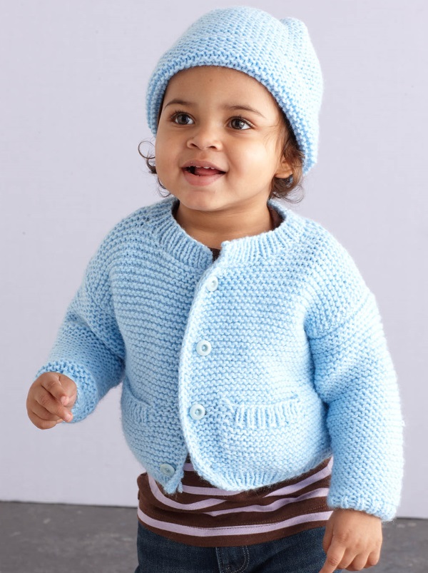 Free Knitting Pattern for a Simple Style Baby Cardigan and Hat