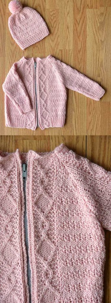 Free knitting pattern for a baby cardigan and hat set with mock cables
